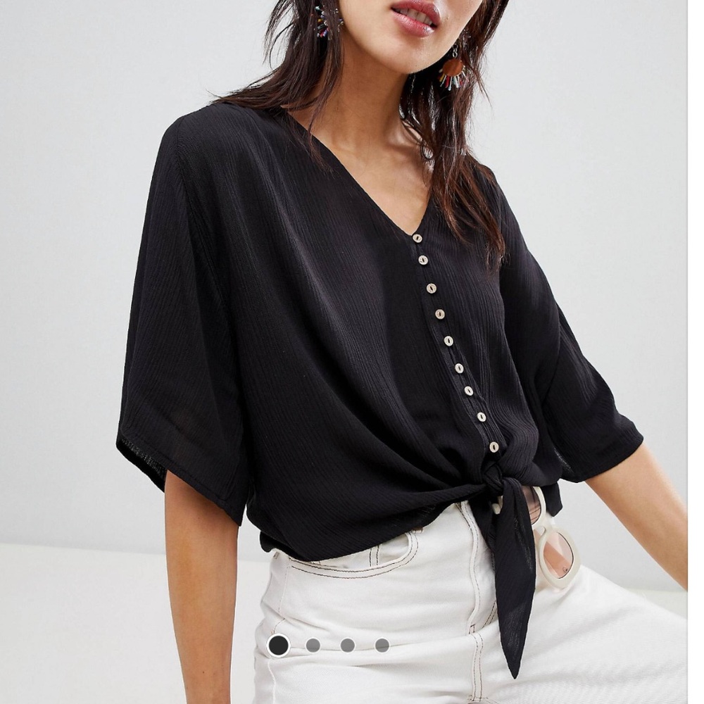 stradivarius Black Button-Front Tie Hem Top